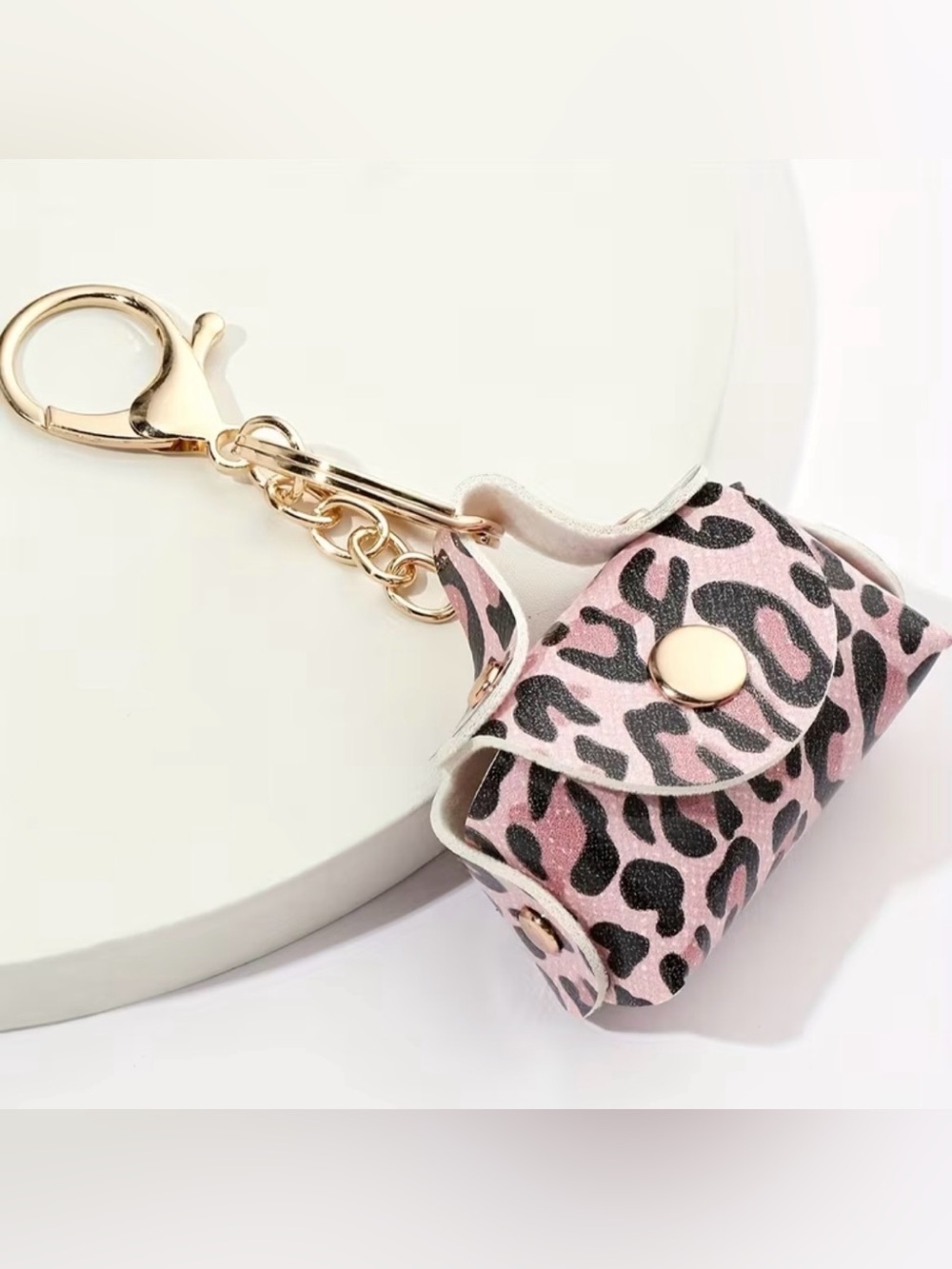 Pink Leopard Print Mini Bag Keychain with Gold Hardware
